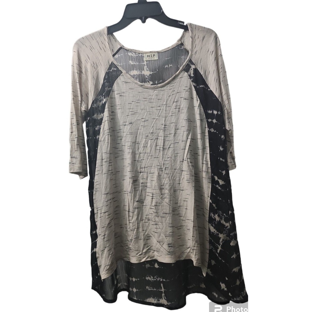 HIP‎ Tunic Top Blouse Sheer Panel 3/4 Sleeve Casual Beige Black Size S